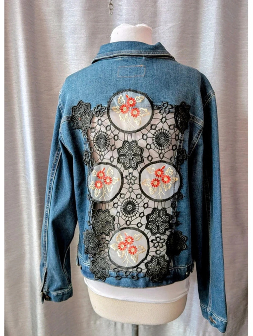 Upcycled Gothic Lace Denim Jacket XL